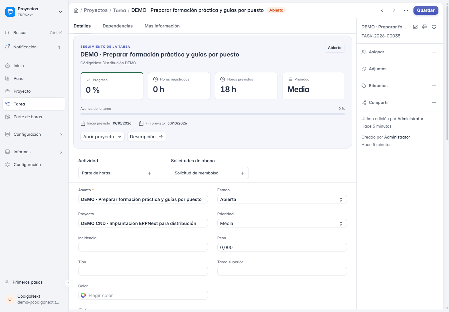Formación ERPNext: tarea de demostración para preparar la formación práctica y las guías por puesto, con horas y prioridad