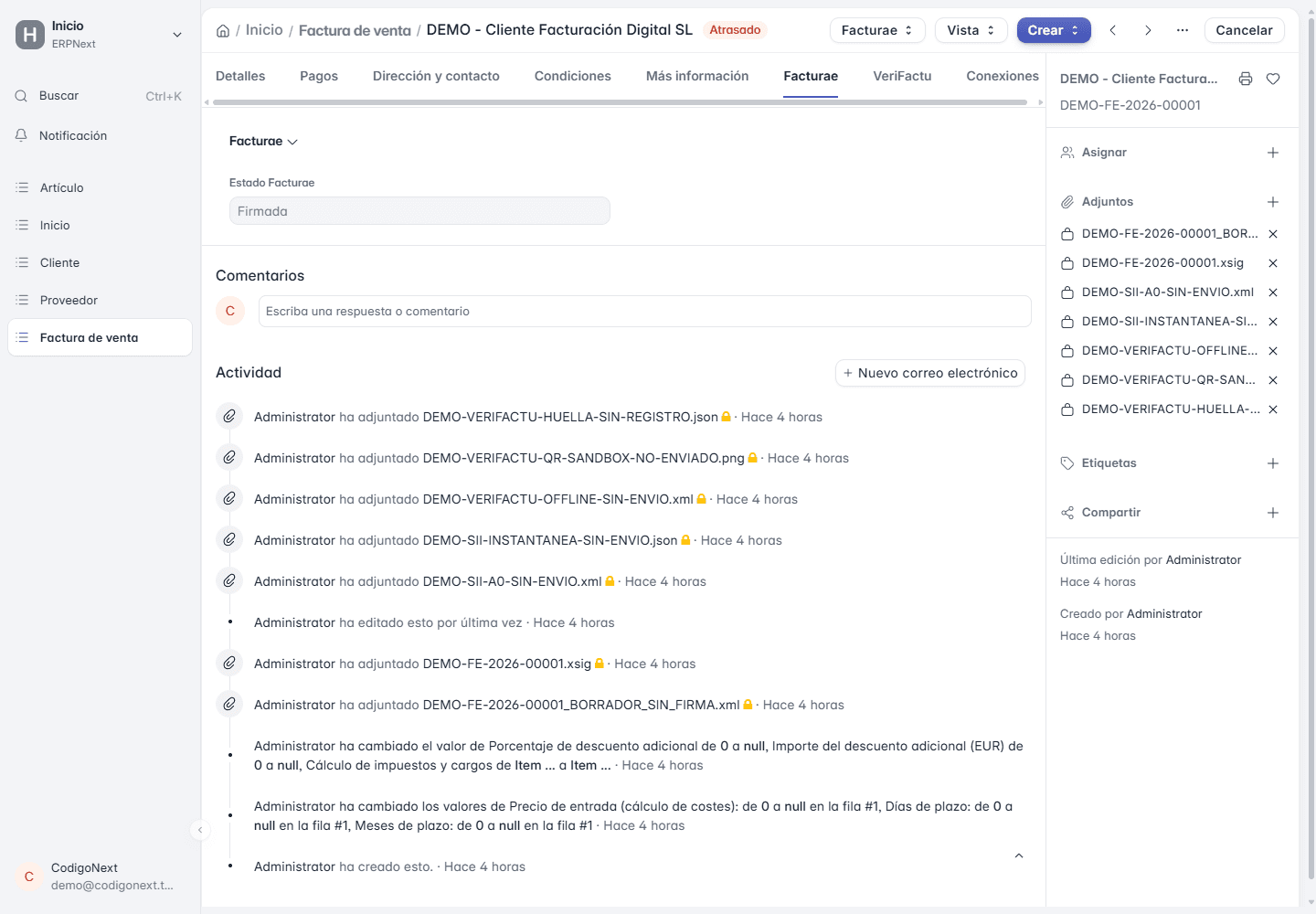 Factura de venta de demostración en ERPNext con su Facturae firmada y los registros VeriFactu adjuntos en la actividad