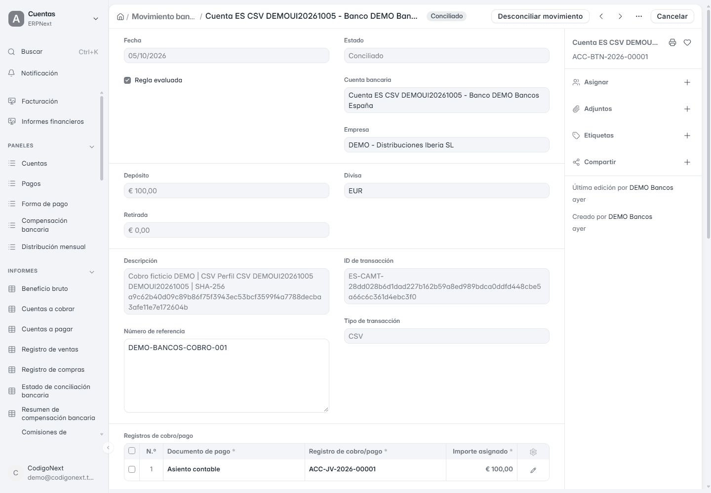 Movimiento bancario conciliado y asiento relacionado en ERPNext