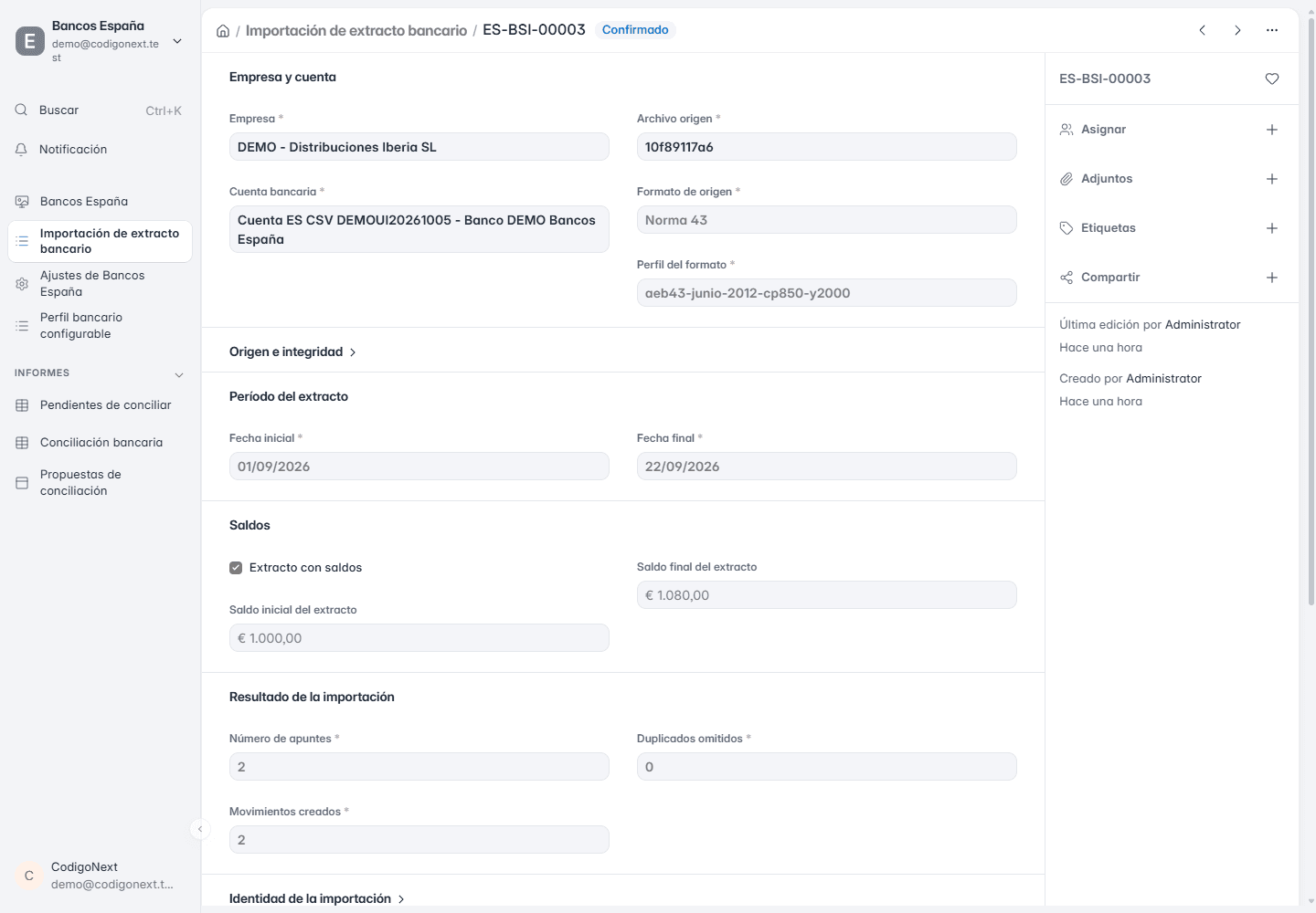Importación de un extracto N43 de demostración en ERPNext con cuenta bancaria, periodo, saldos y movimientos creados sin duplicados