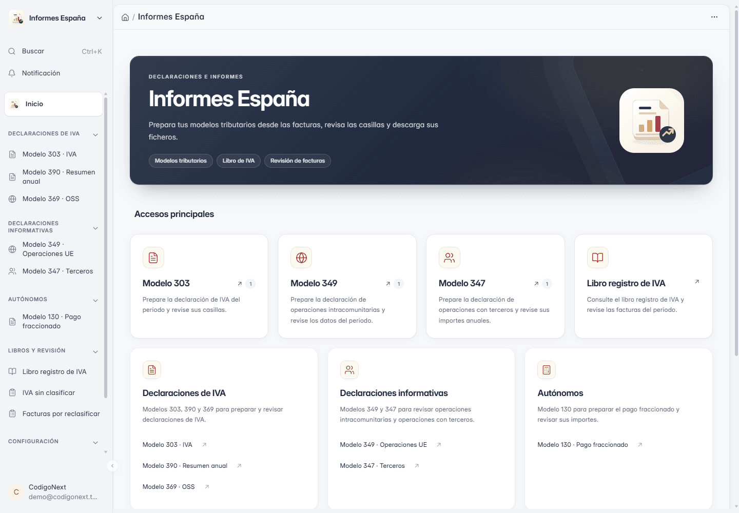 Panel Informes España de demostración en ERPNext con los modelos 303, 349 y 347 y el libro registro de IVA de la capa fiscal española
