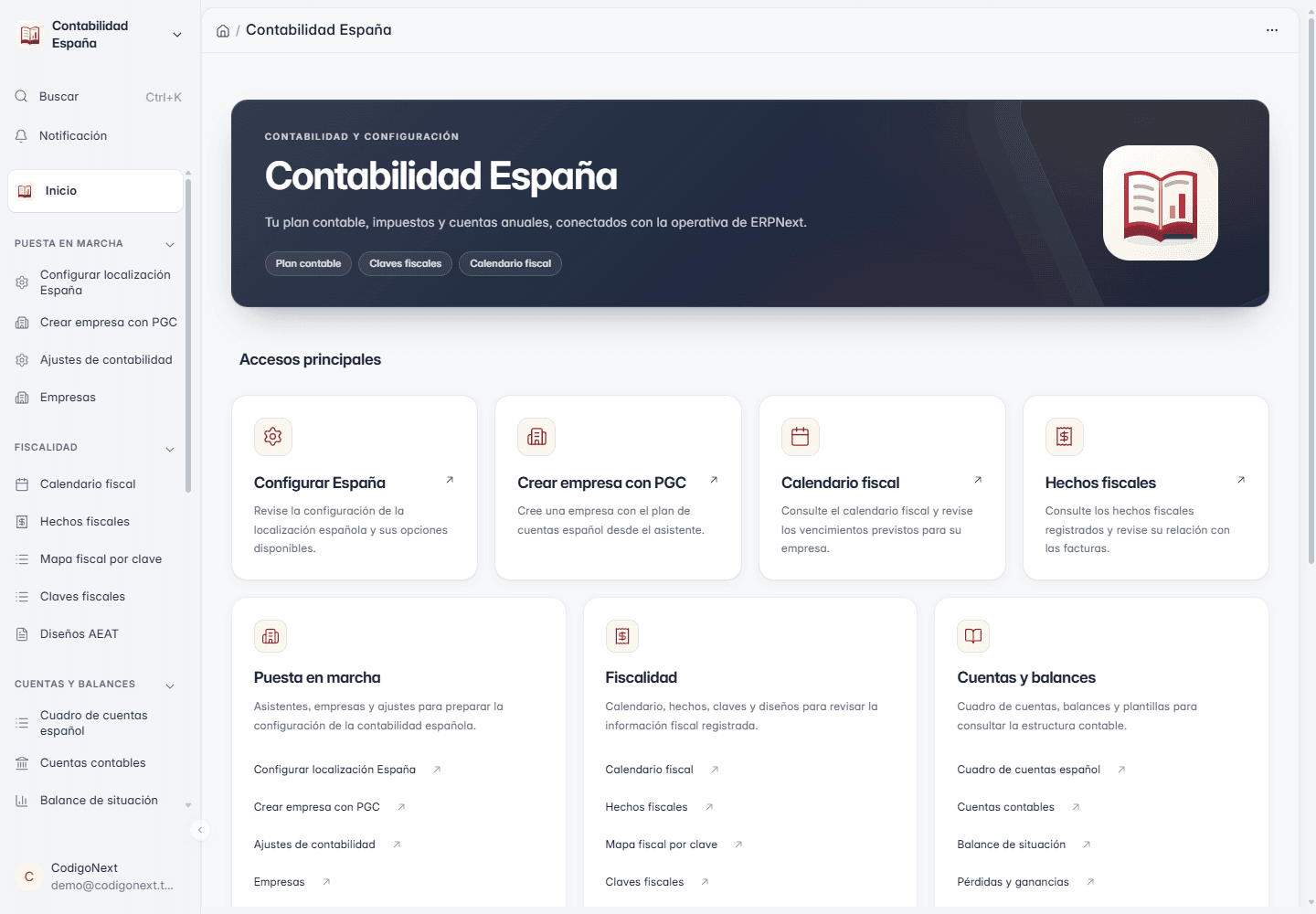Espacio Contabilidad España de demostración en ERPNext con plan contable PGC, claves fiscales y cuadro de cuentas donde llegan los asientos