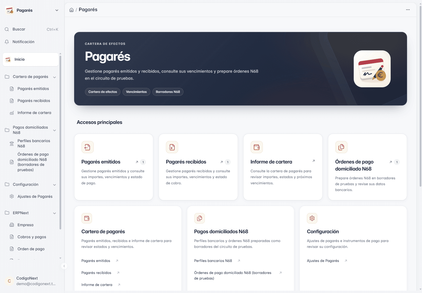 Lo que ERPNext no trae de serie, construido sobre Frappe: espacio de trabajo de nuestra app de pagarés en el entorno de demostración