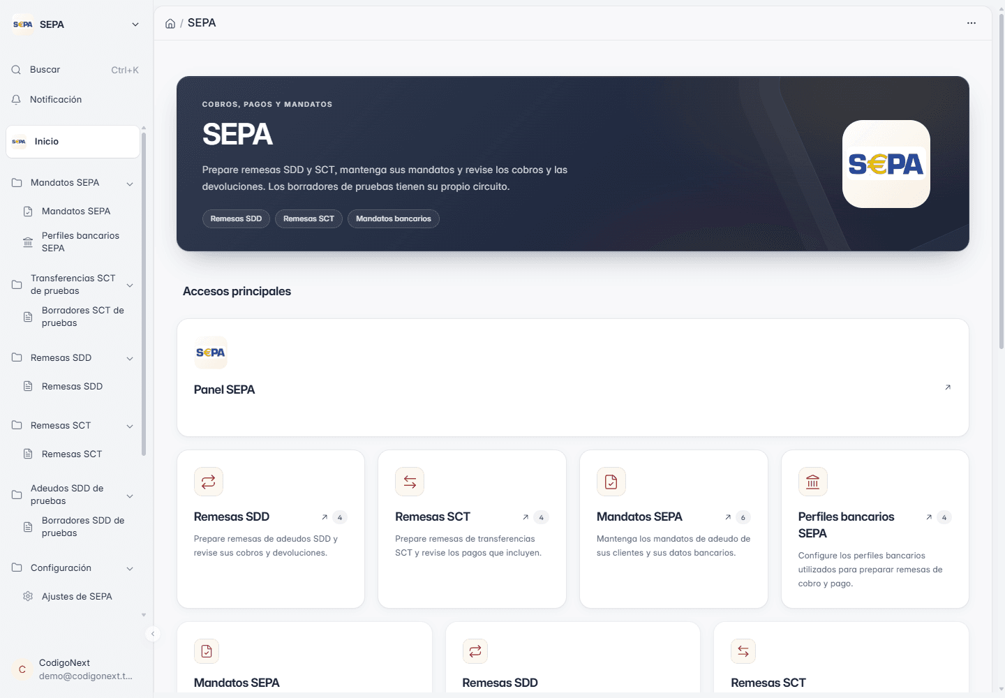 Espacio de trabajo SEPA de demostración dentro de ERPNext con remesas SDD y SCT, mandatos y perfiles bancarios en la misma interfaz