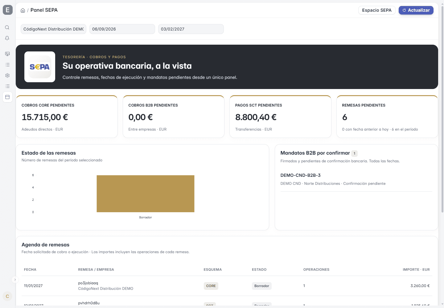 Panel SEPA de demostración en ERPNext con cobros CORE y B2B pendientes, pagos SCT, remesas por estado y agenda de remesas
