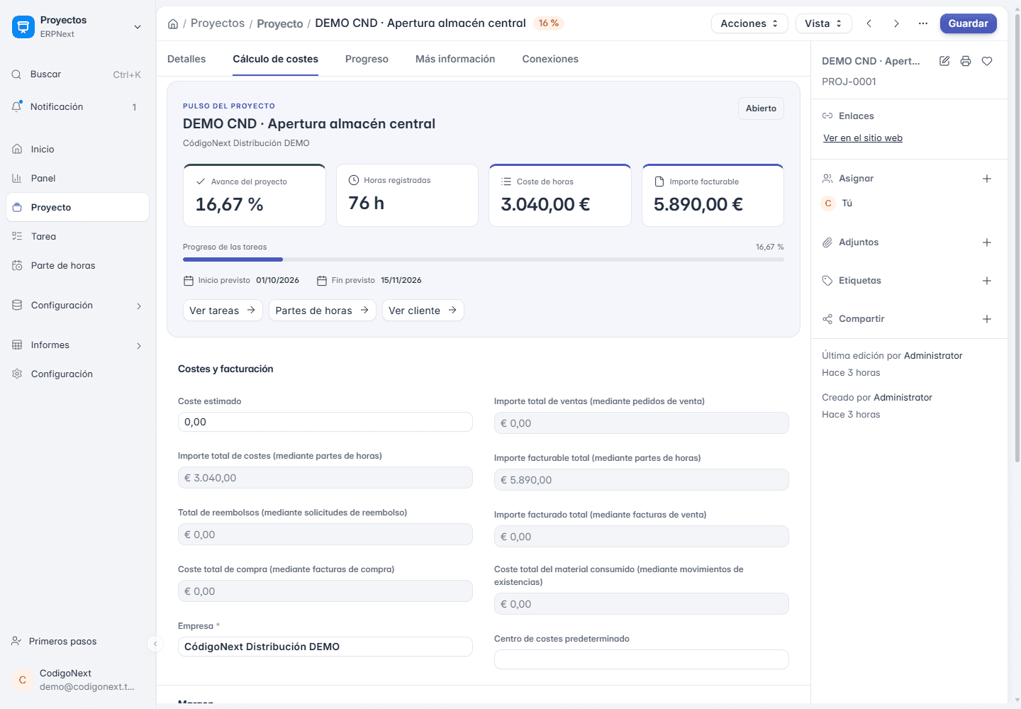 Costes de un proyecto DEMO en ERPNext: 76 horas imputadas y 3.040 euros de coste calculado desde partes de trabajo