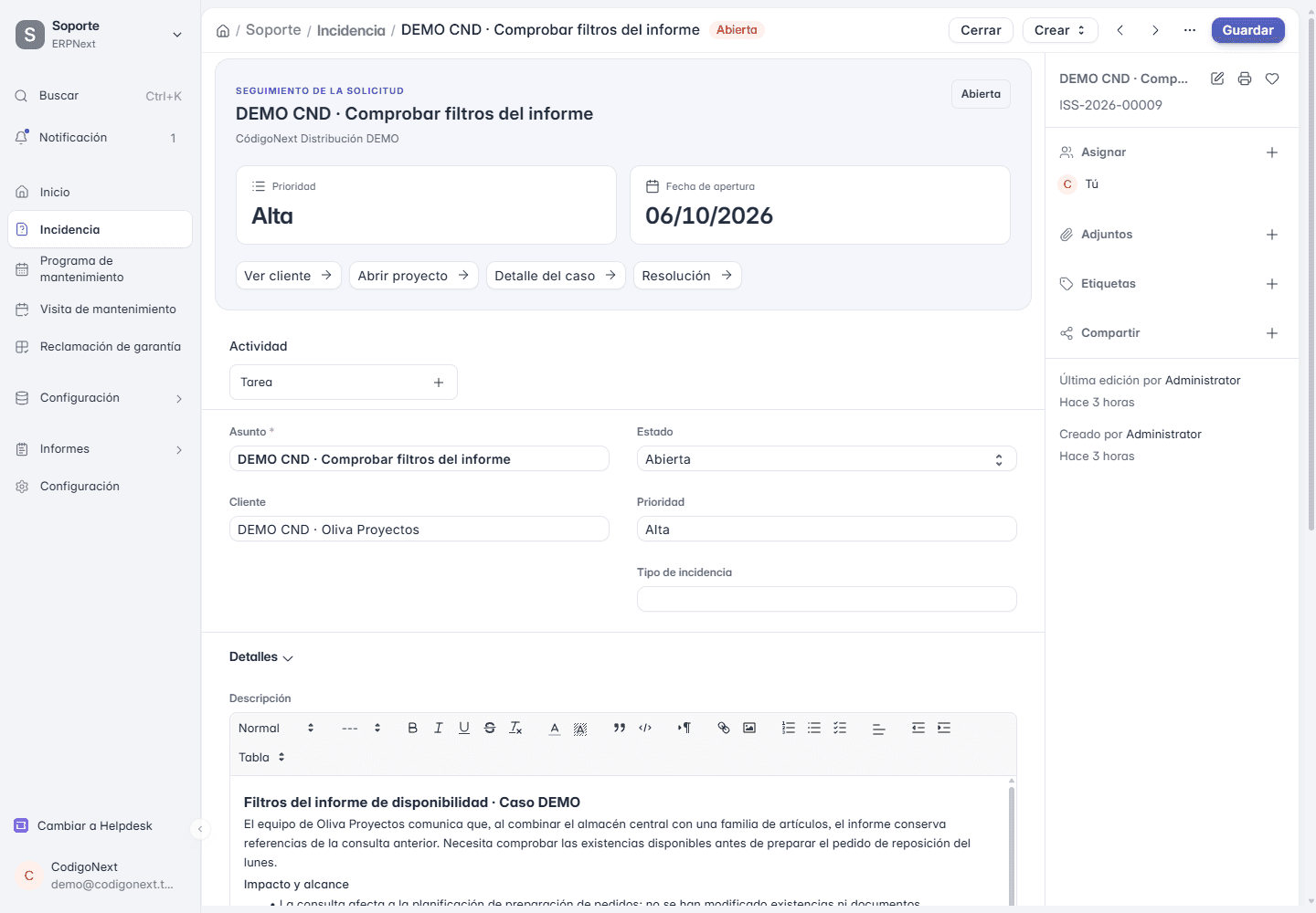 Incidencia DEMO en ERPNext con cliente, proyecto y estado de seguimiento