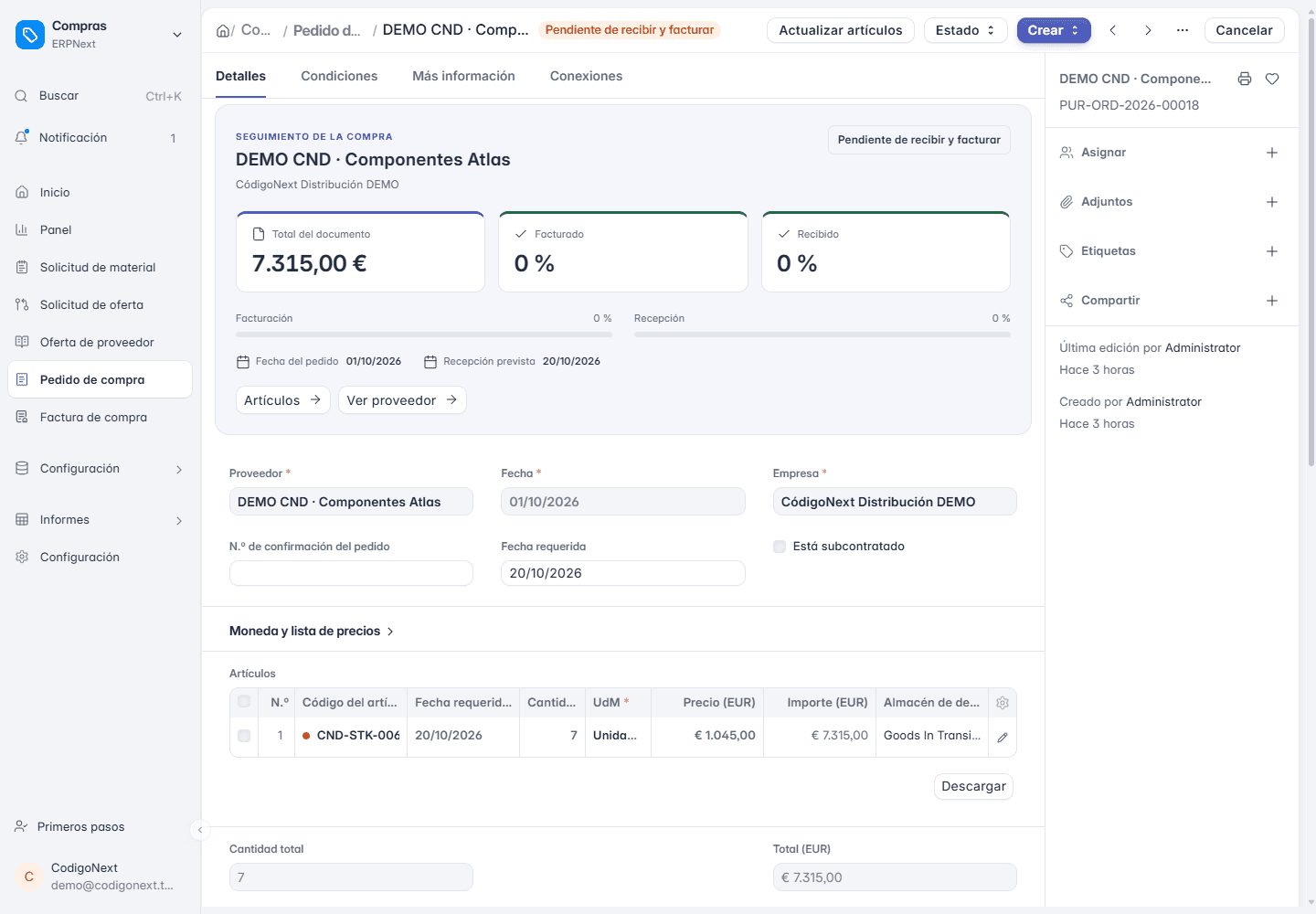 Pedido de compra de demostración en ERPNext pendiente de recibir y facturar, con proveedor, artículo, fechas y total en euros