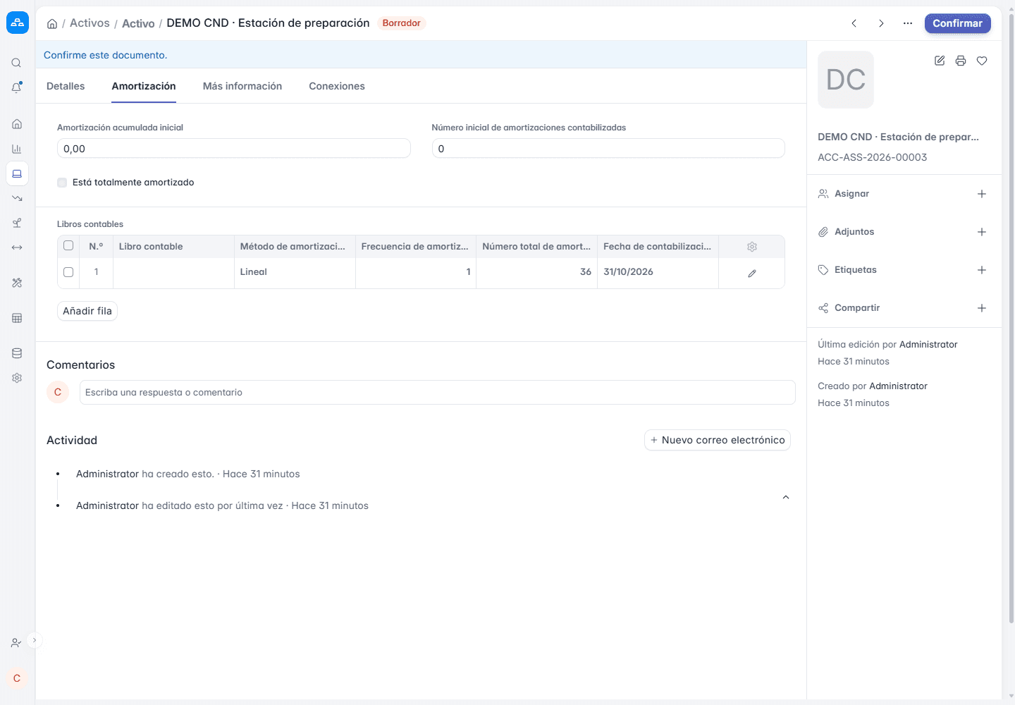 Ficha de activo fijo de demostración en ERPNext con la pestaña de amortización: método lineal, 36 cuotas y libro contable