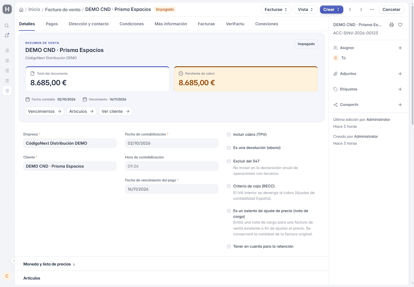 Factura de venta DEMO en ERPNext con cliente, artículos e impuestos