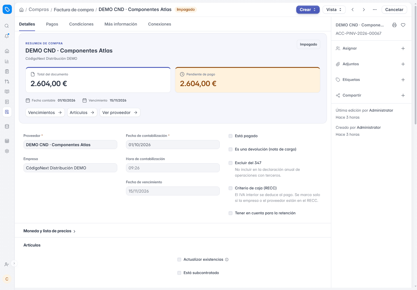 Factura de compra de demostración en ERPNext pendiente de pago, con vencimiento, proveedor y enlace a artículos y proveedor