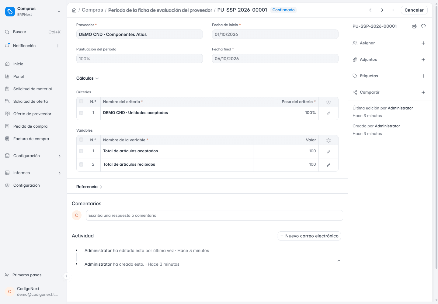Evaluación de proveedor de demostración en ERPNext con criterios, pesos y puntuación del periodo para comparar suministradores