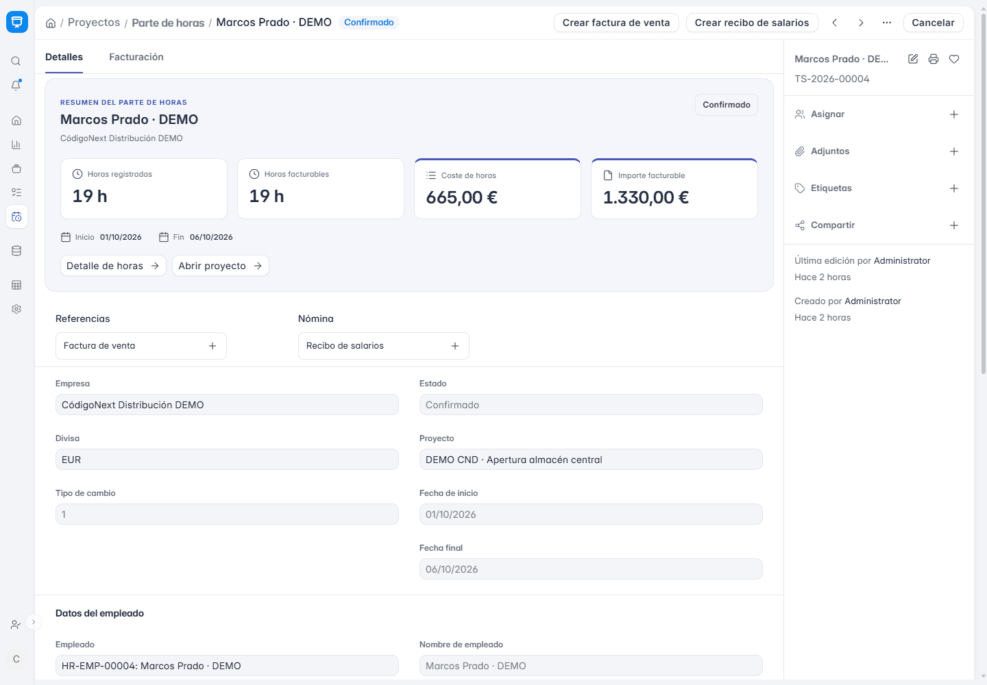 Parte de horas de demostración en ERPNext con 19 horas registradas, su coste y el importe facturable imputados a un proyecto
