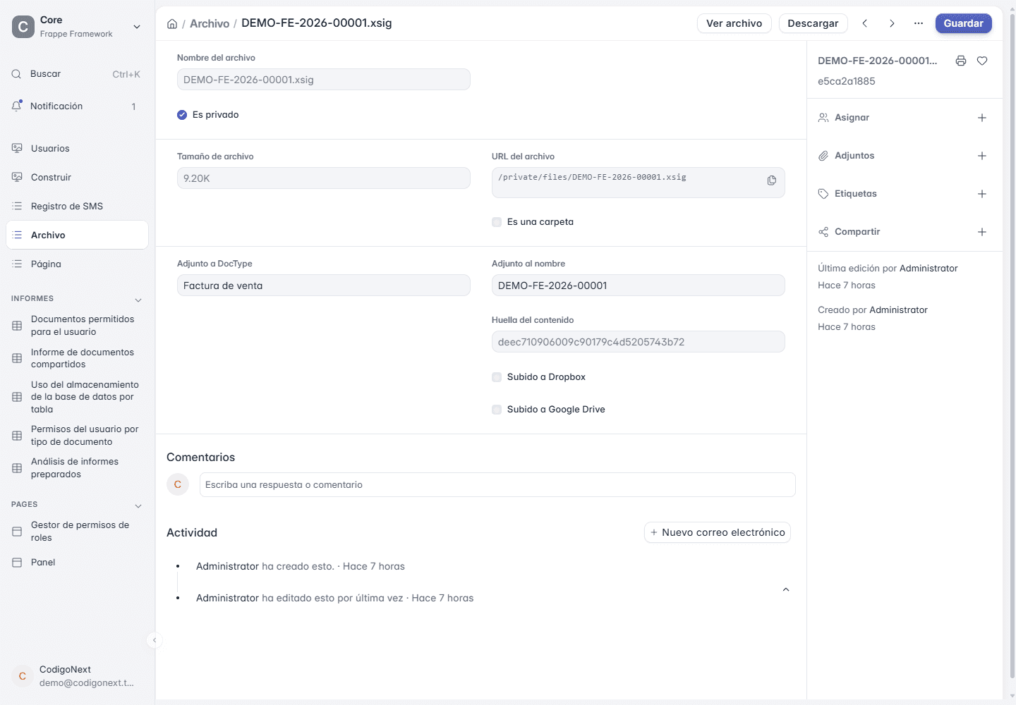 Fichero Facturae XML firmado (.xsig) de una factura de demostración archivado en ERPNext con su huella de contenido