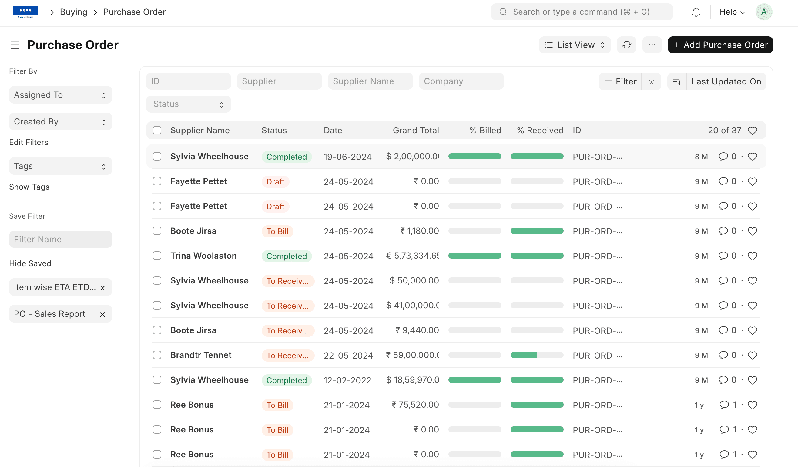ERPNext v16 - Pedido de compra con detalle de artículos y condiciones