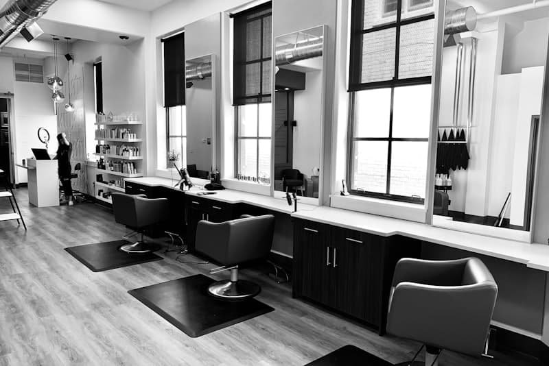 Profesional de estética en una peluquería moderna con cliente