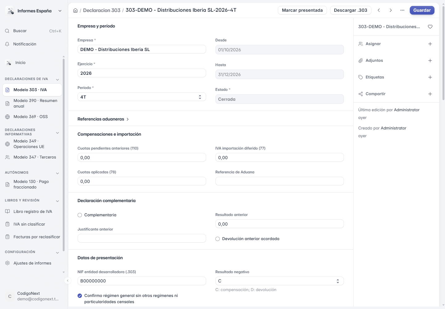 Modelo 303 de IVA preparado en ERPNext con datos de demostración de la localización española, con periodo, empresa y casillas
