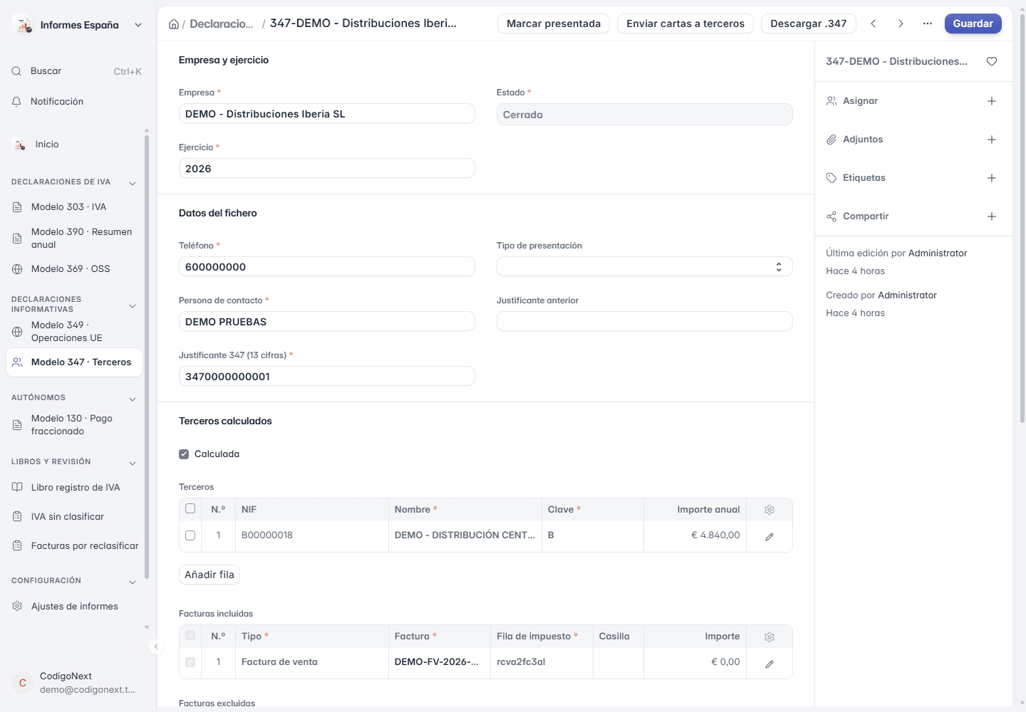 Modelo 347 de demostración preparado en ERPNext con las operaciones con terceros, listo para revisarlo con tu asesoría
