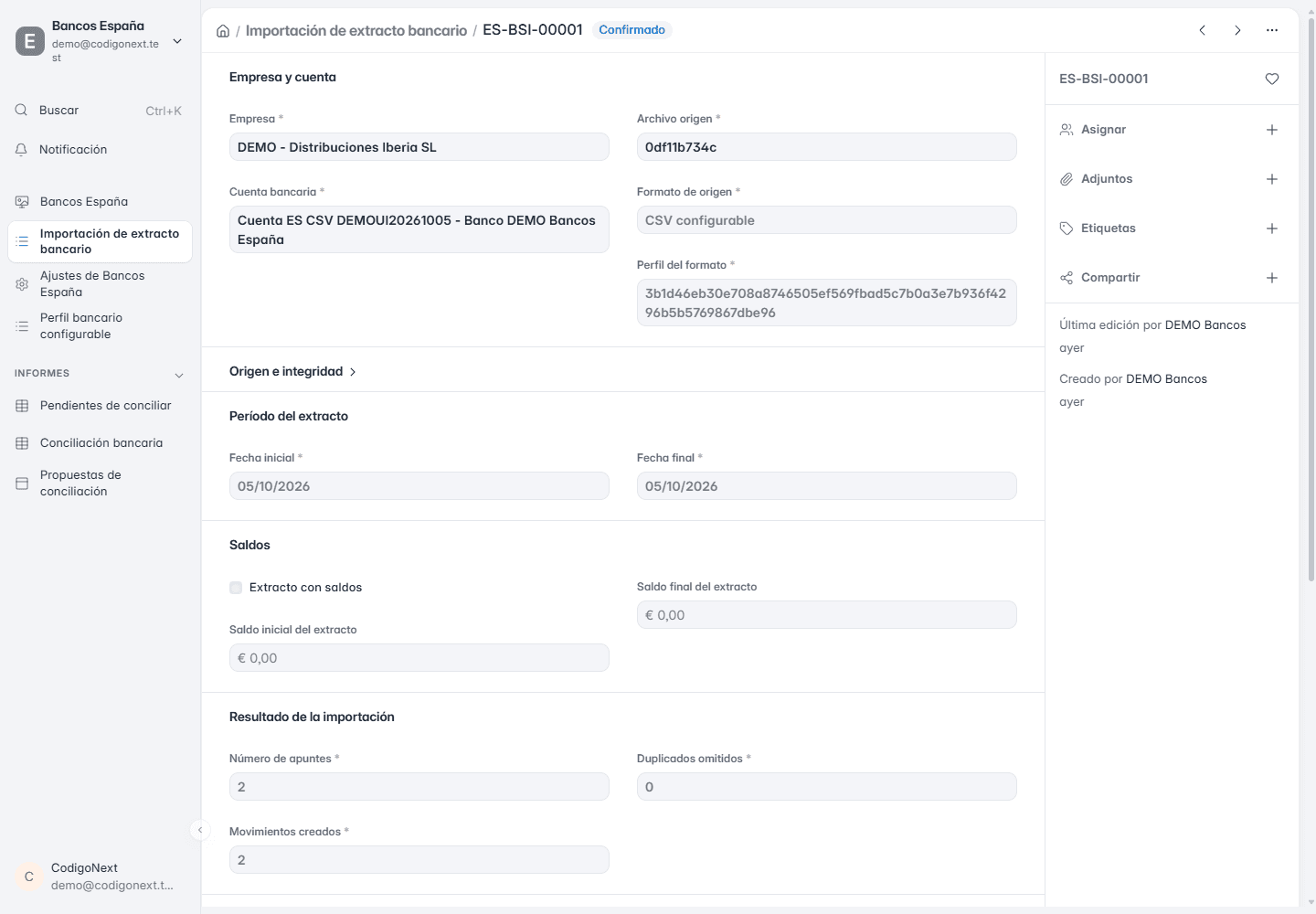 Importación de un extracto bancario CSV de demostración en ERPNext, con periodo, saldos y movimientos creados