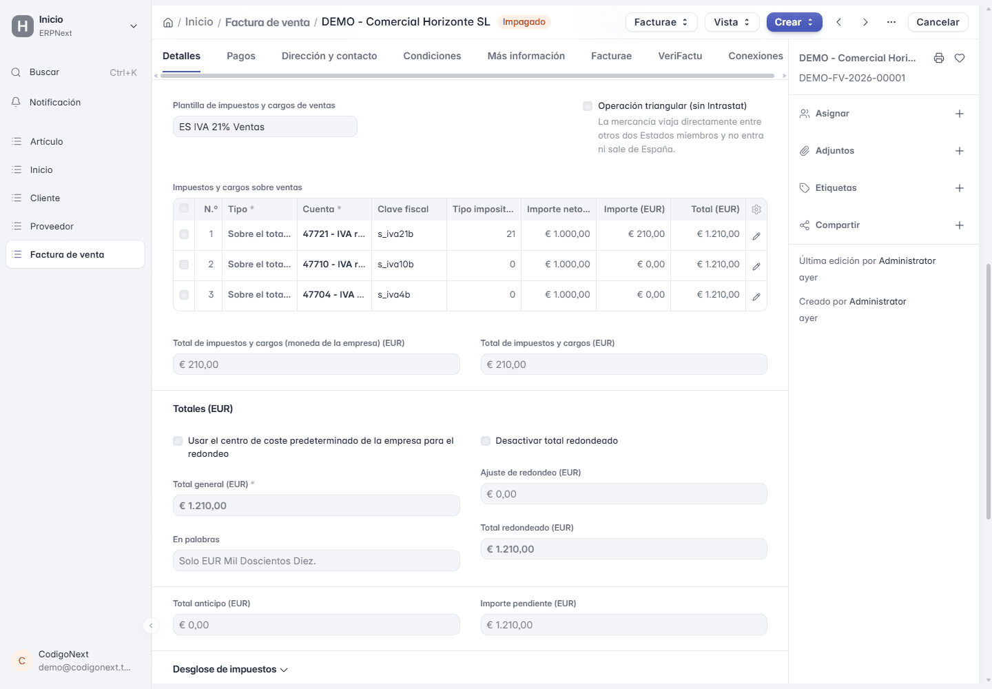 Factura de venta demo en ERPNext con cuentas de IVA español y desglose de impuestos