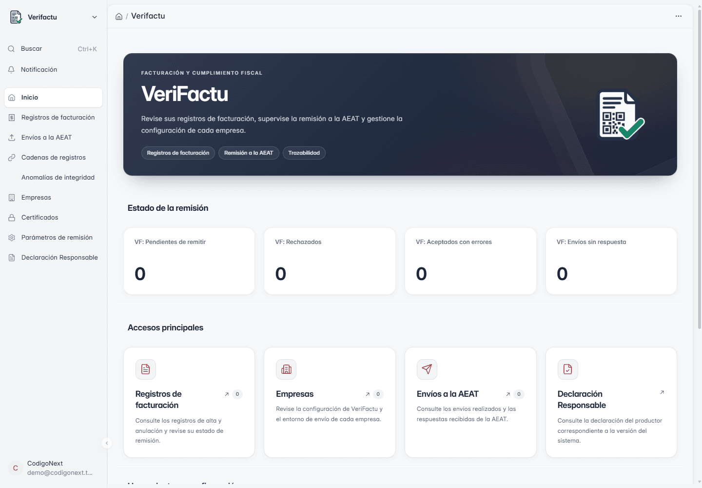 Panel VeriFactu de demostración en ERPNext con registros de facturación, envíos a la AEAT y declaración responsable