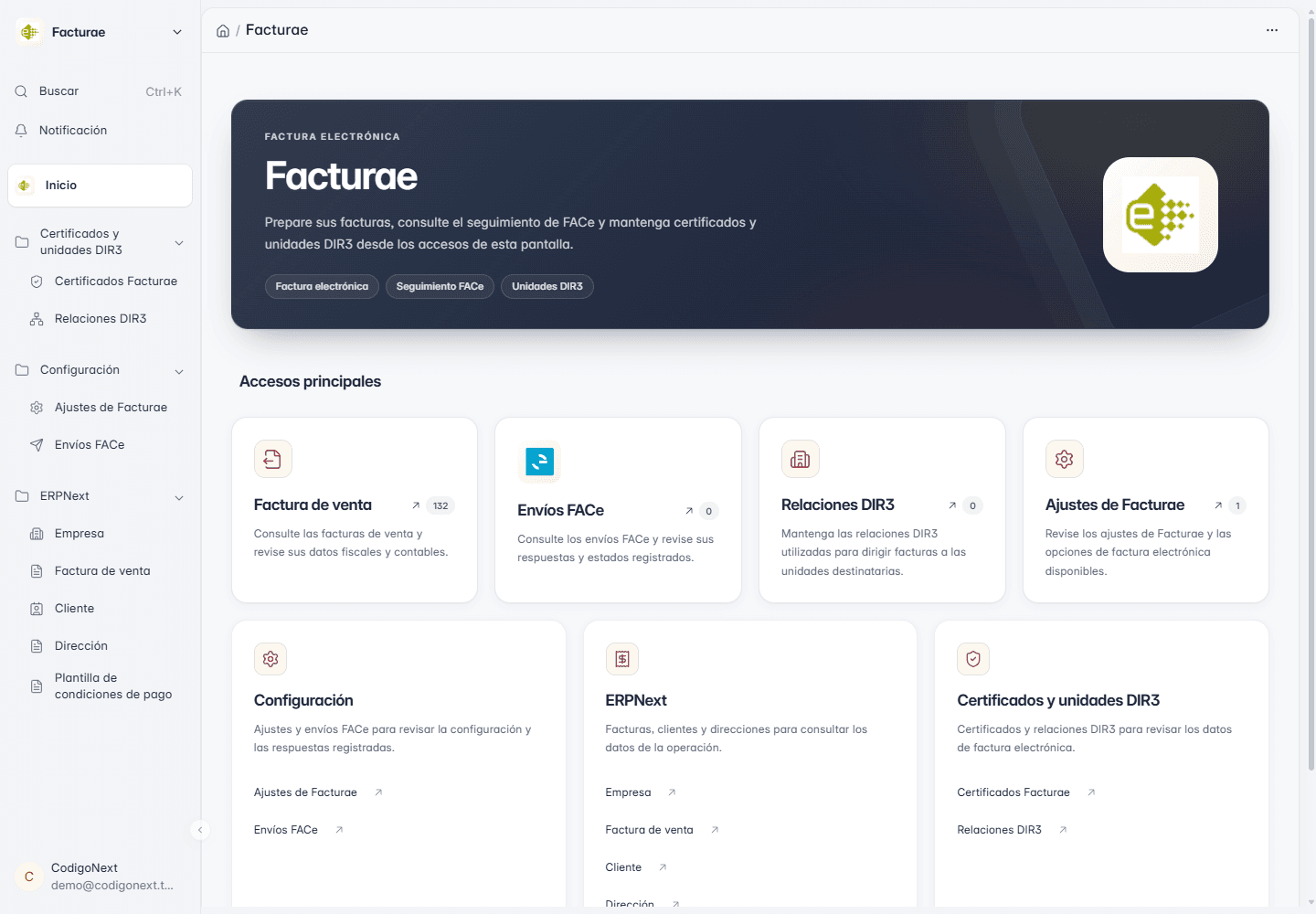Código propio que resiste actualizaciones: espacio de trabajo de nuestra app Facturae en ERPNext, con accesos de demostración