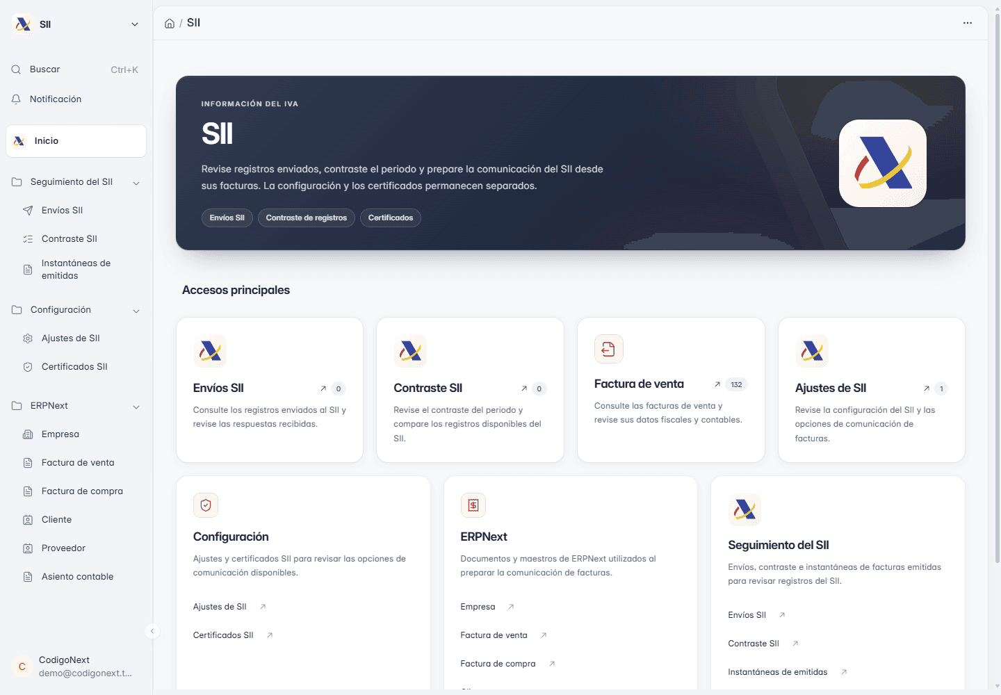 Localización española validada en la versión de destino: espacio de trabajo SII de demostración con envíos y configuración