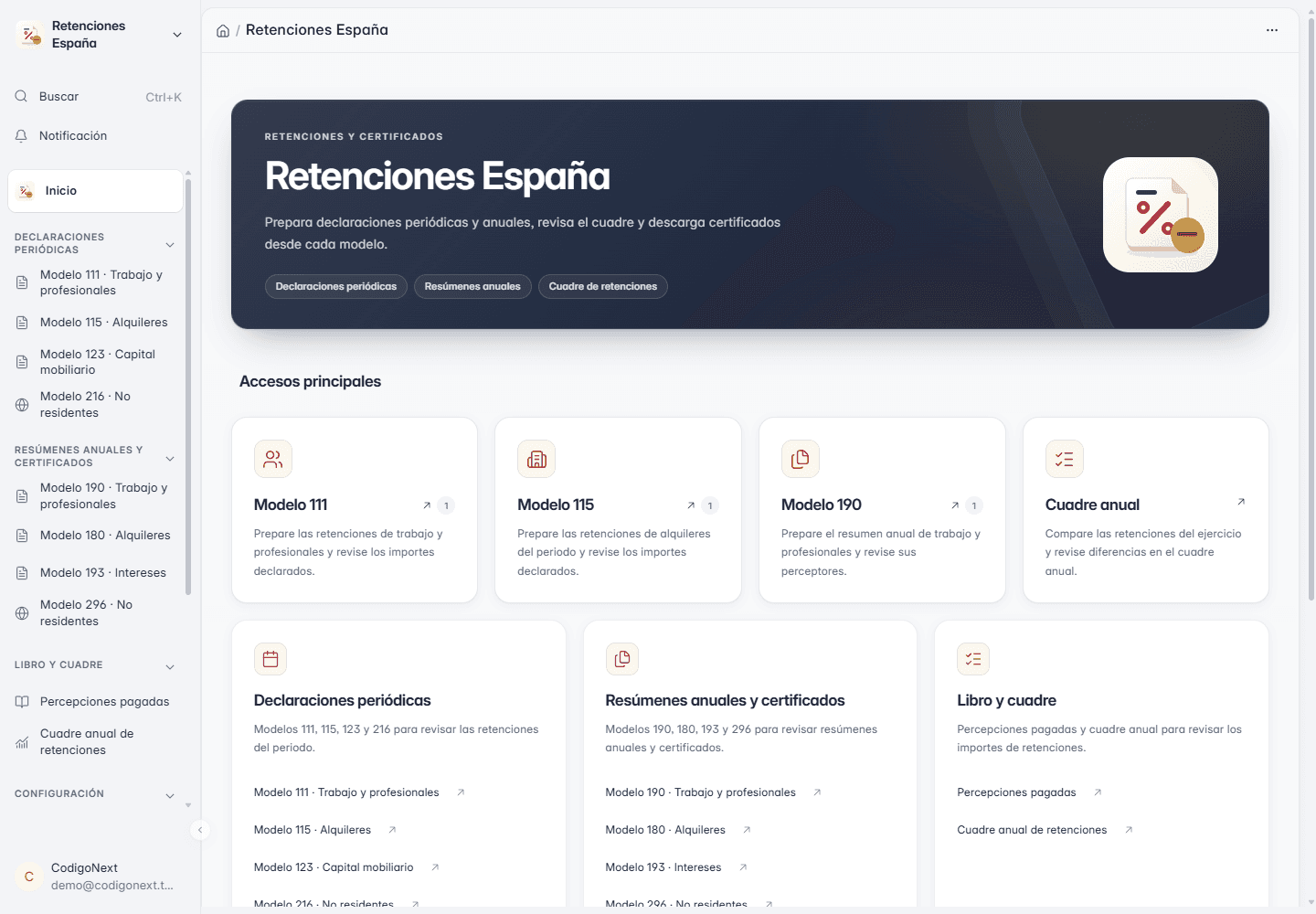 Desarrollo a medida sobre Frappe: espacio de trabajo de nuestra app de retenciones en ERPNext, con modelos y accesos de demostración