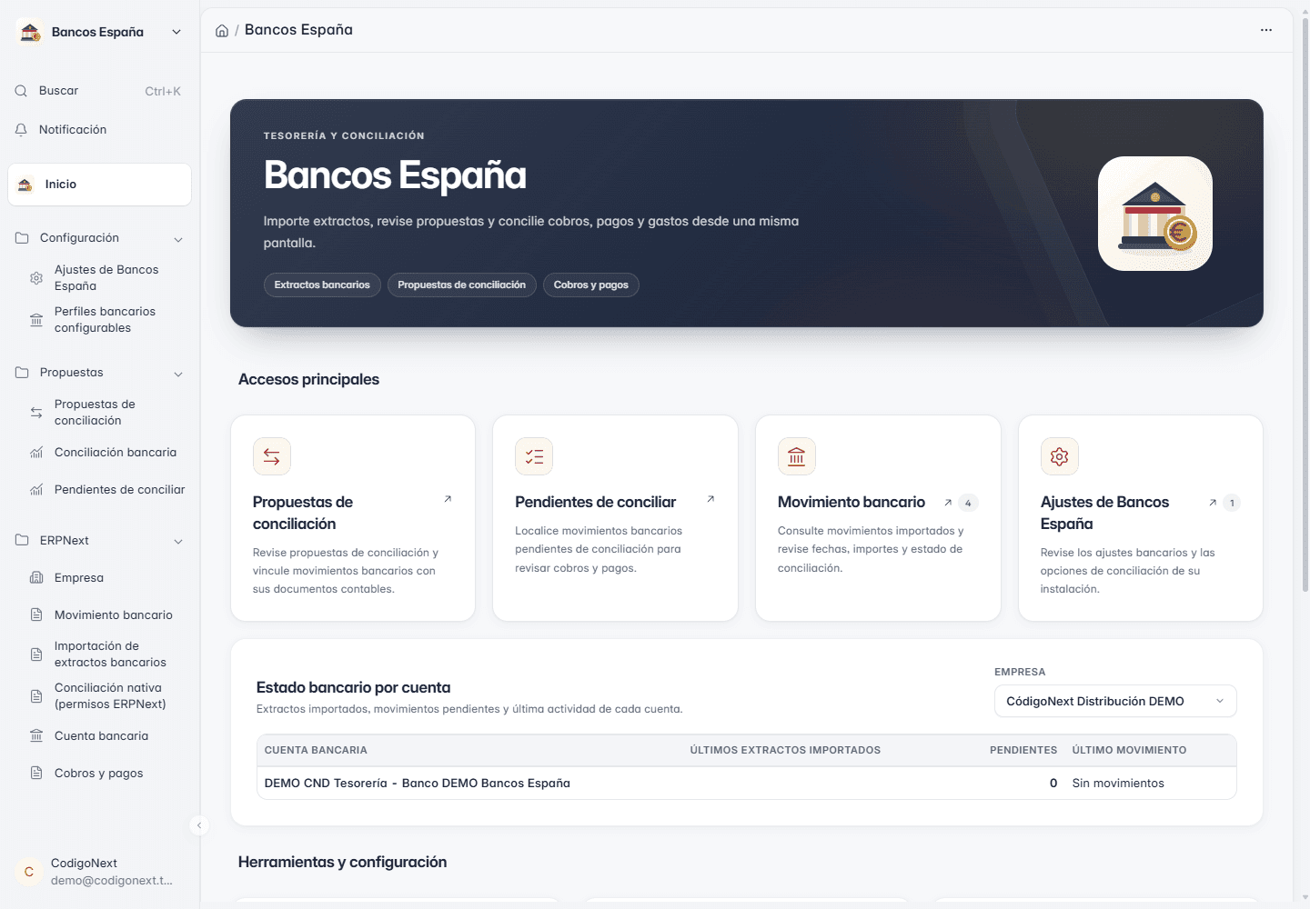 Panel Bancos España de demostración en ERPNext con importación de extractos y conciliación, un ejemplo de integración con bancos