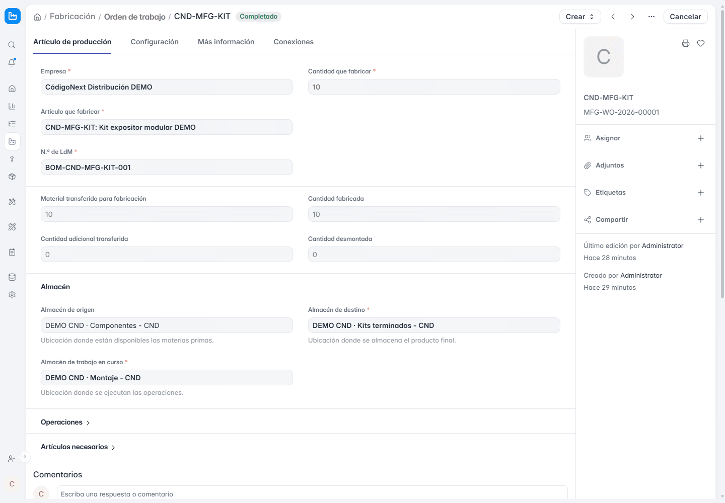 Orden de fabricación de demostración en ERPNext con artículo a producir, lista de materiales y almacenes de origen y destino