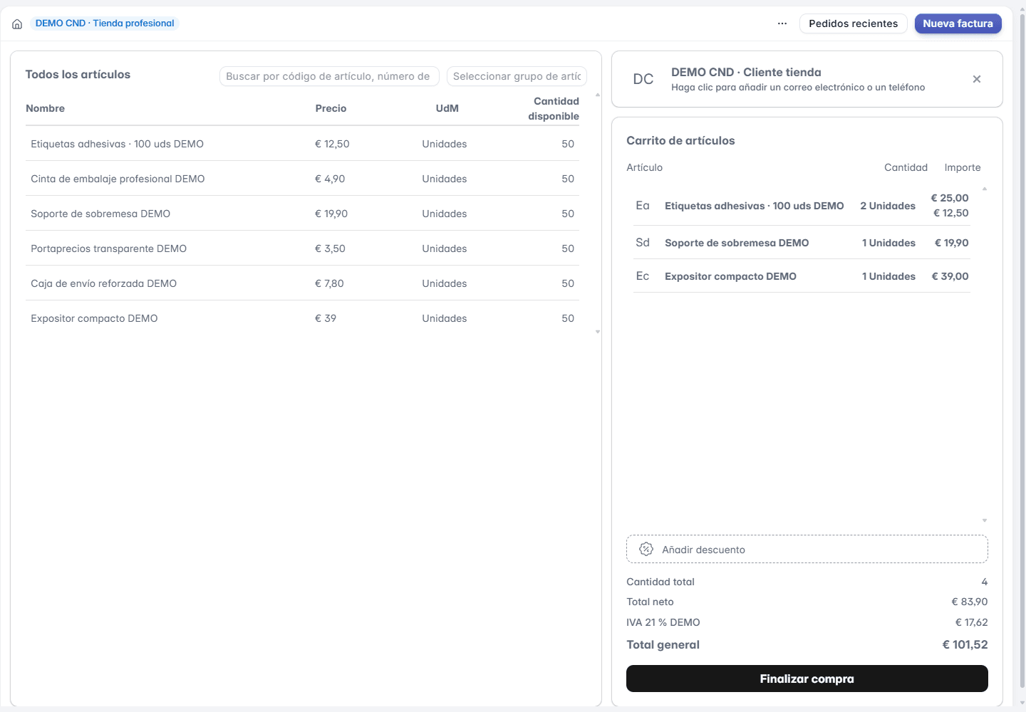 TPV de ERPNext en una venta de demostración con artículos, carrito, impuestos y botón para finalizar la compra en caja