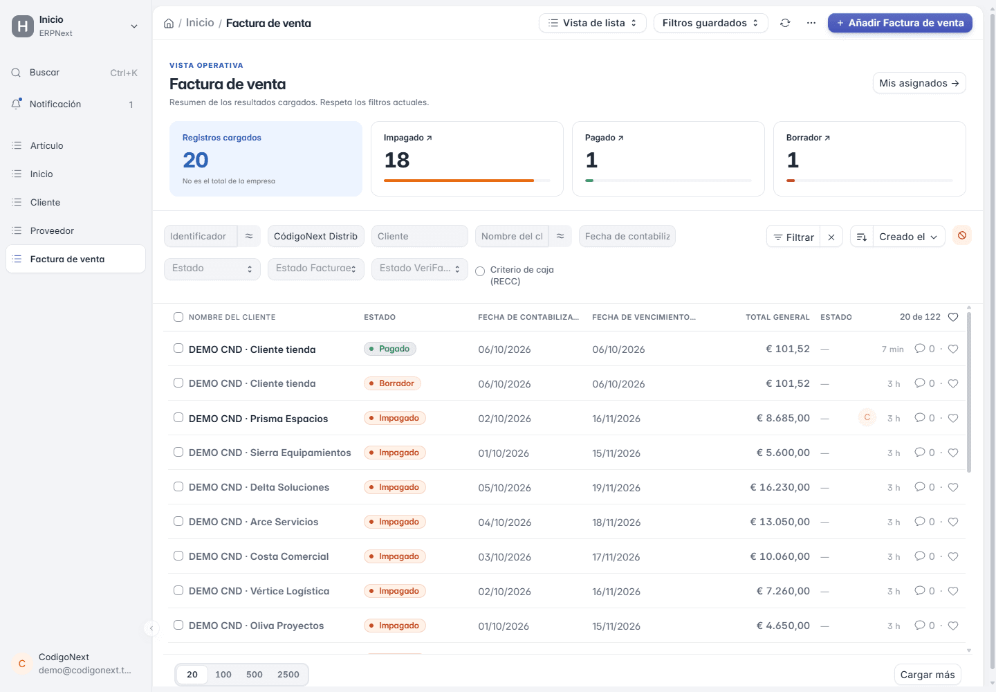 Lista de facturas de venta DEMO con estados, clientes e importes para el seguimiento de facturación