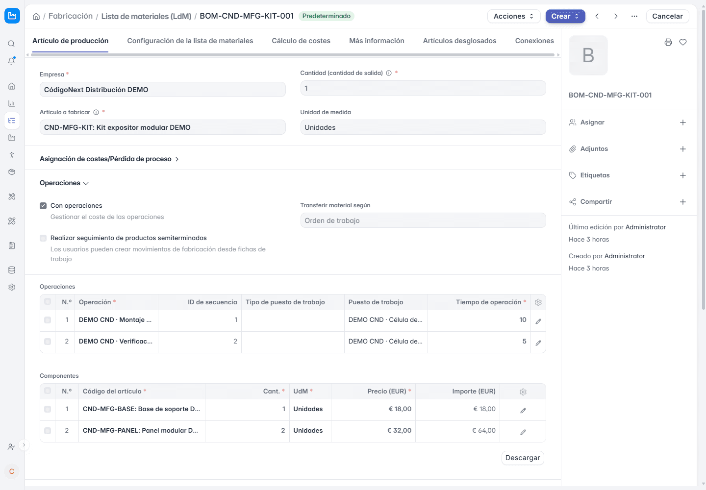 Lista de materiales de demostración en ERPNext con operaciones y componentes valorados, la base del MRP para fabricación