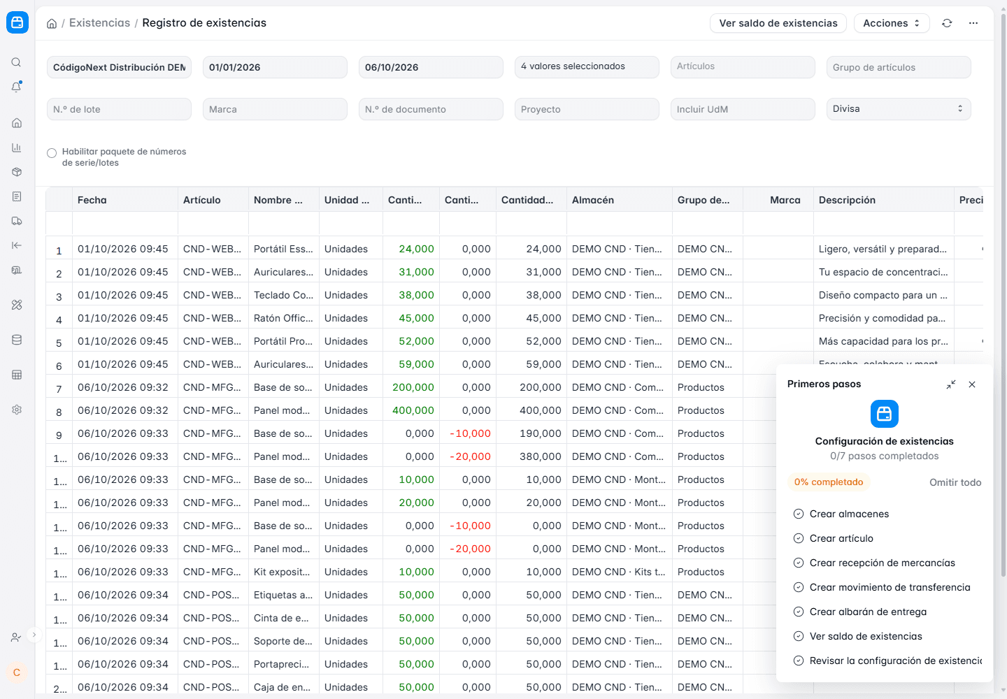 Registro de movimientos de stock de demostración en ERPNext con fecha, artículo, almacén y cantidad que entra o sale
