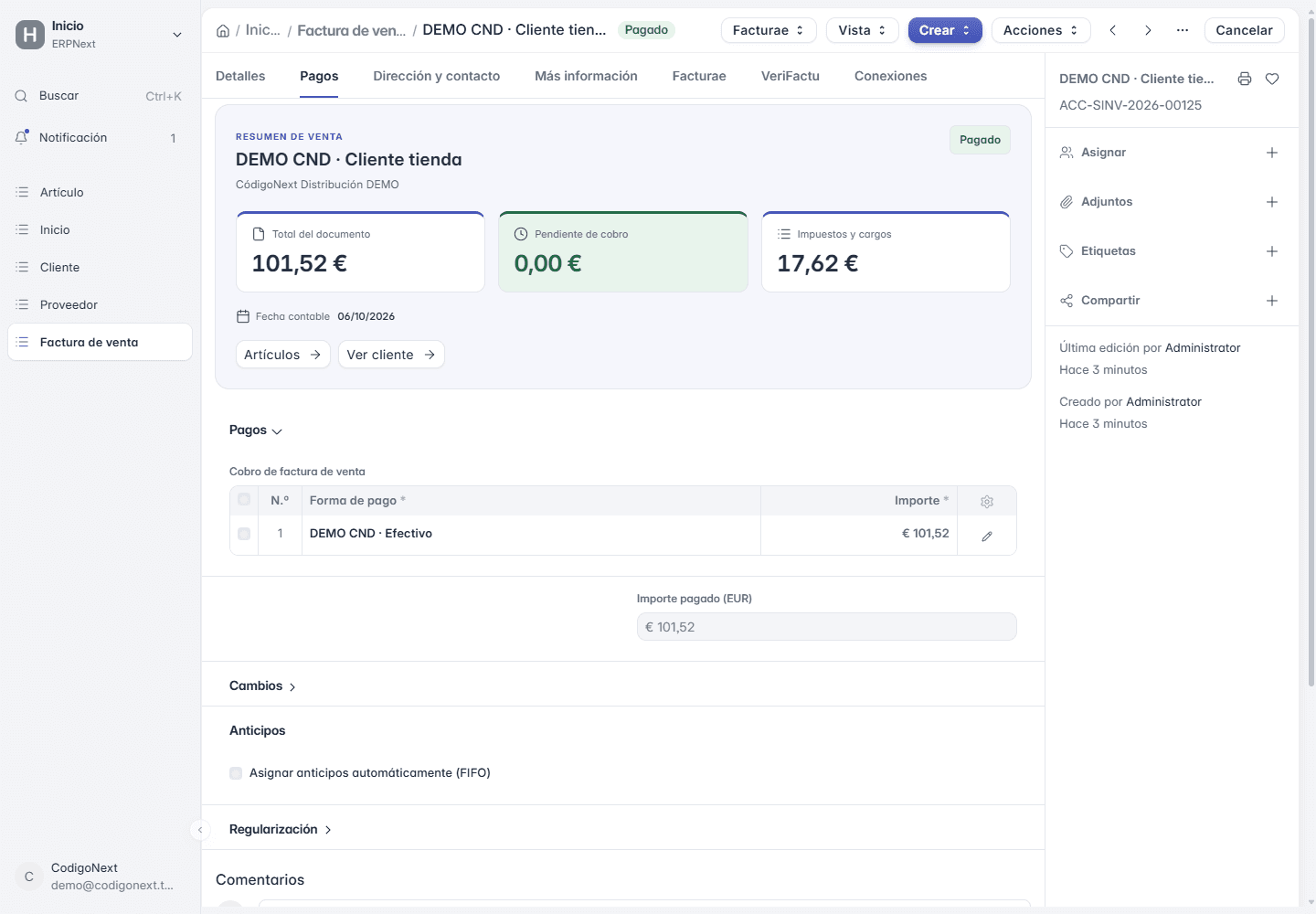 Ticket de venta de demostración cobrado desde el TPV de ERPNext, con su pago en efectivo y la pestaña VeriFactu