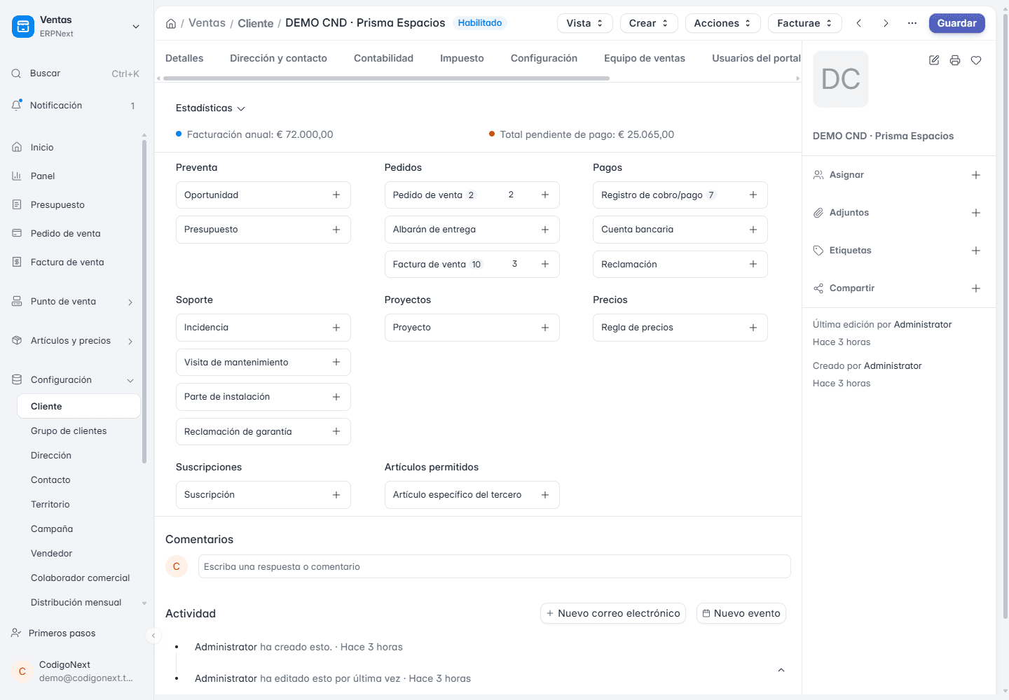 Ficha de cliente de demostración en ERPNext que enlaza su oportunidad, presupuestos, pedidos, facturas y pagos en un solo sitio