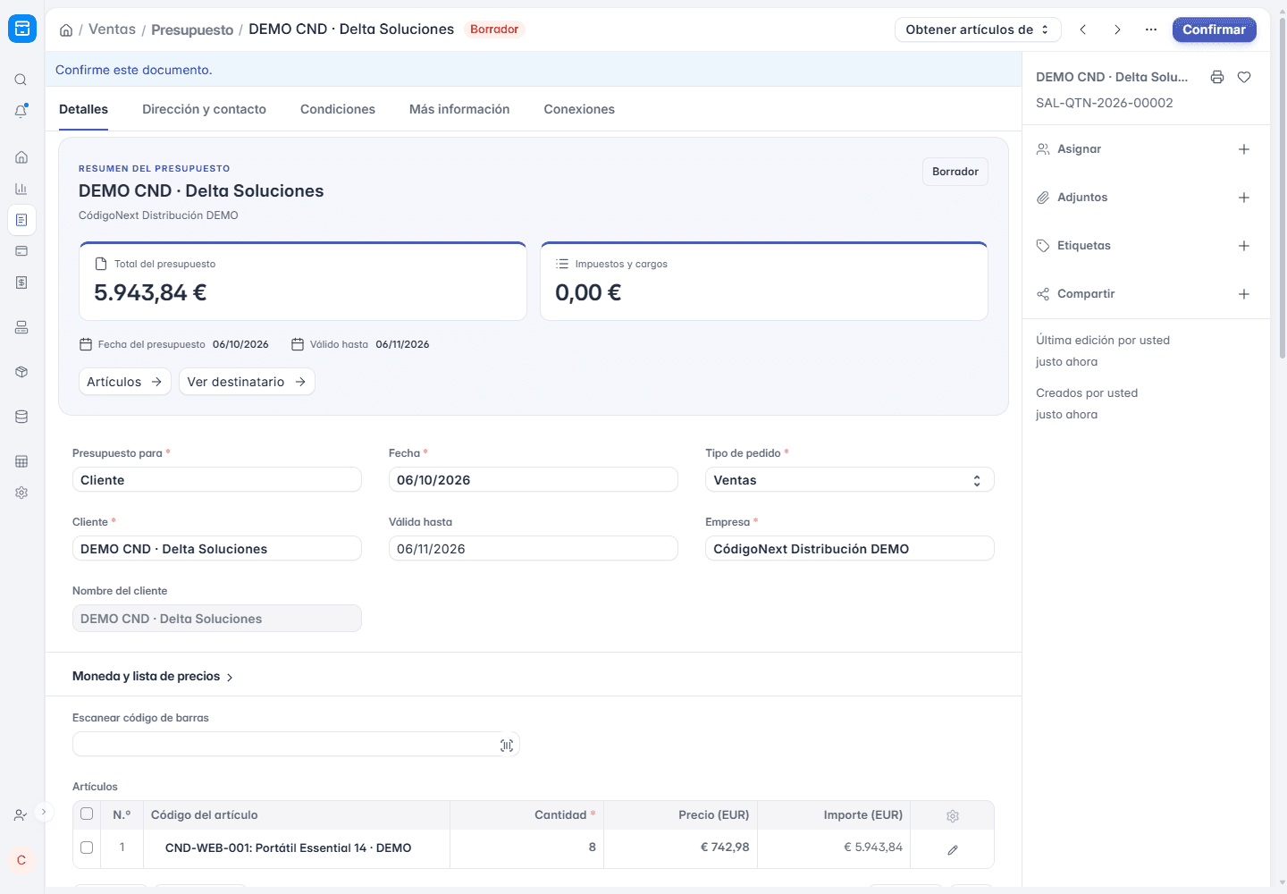 Presupuesto de venta de demostración en ERPNext con cliente, artículos e importe total, listo para confirmarse en el mismo sistema