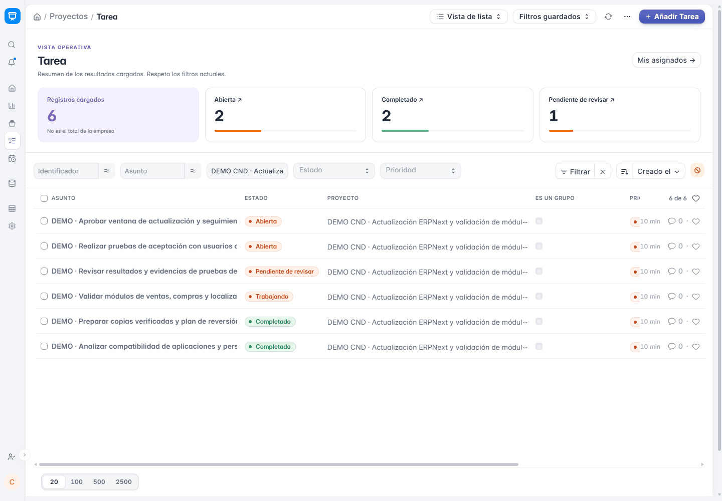 Actualización de ERPNext a v16: plan de pruebas de demostración con tareas abiertas, completadas y pendientes de revisar