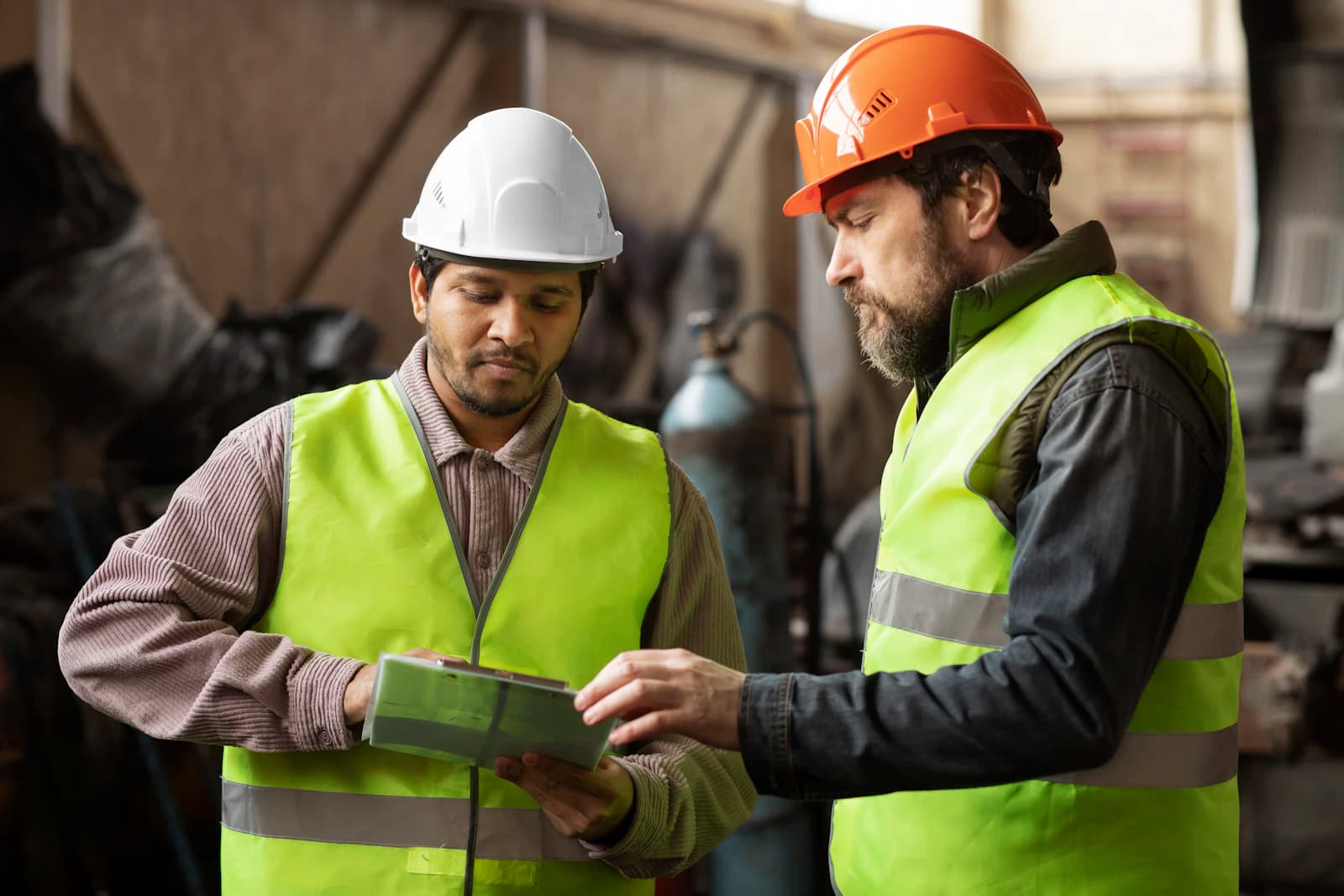 Dos operarios con chaleco y casco consultan una tableta en la nave, el tipo de pyme industrial que se plantea dejar SAP Business One