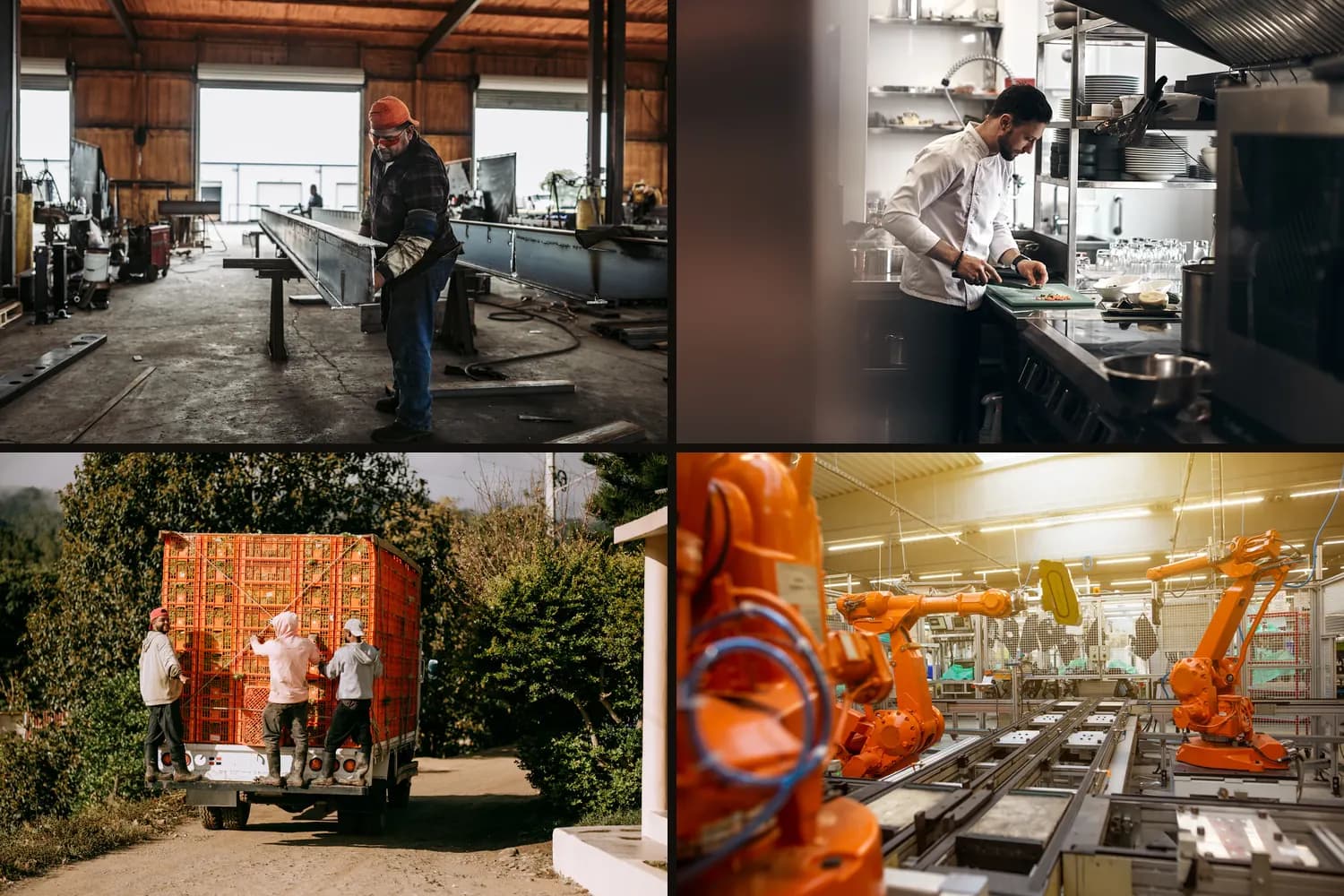 Mosaico de cuatro sectores donde implantamos ERPNext: taller metalmecánico, cocina de restaurante, campaña agrícola y línea robotizada