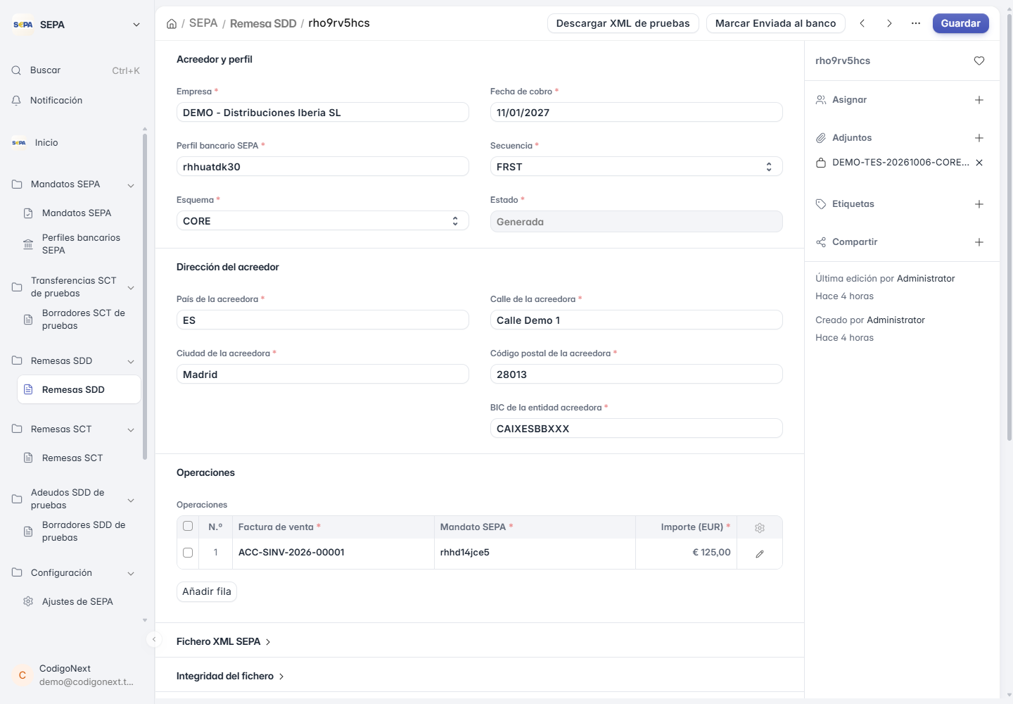 Remesa SEPA Core de pruebas en ERPNext con una operación ficticia de 125 euros